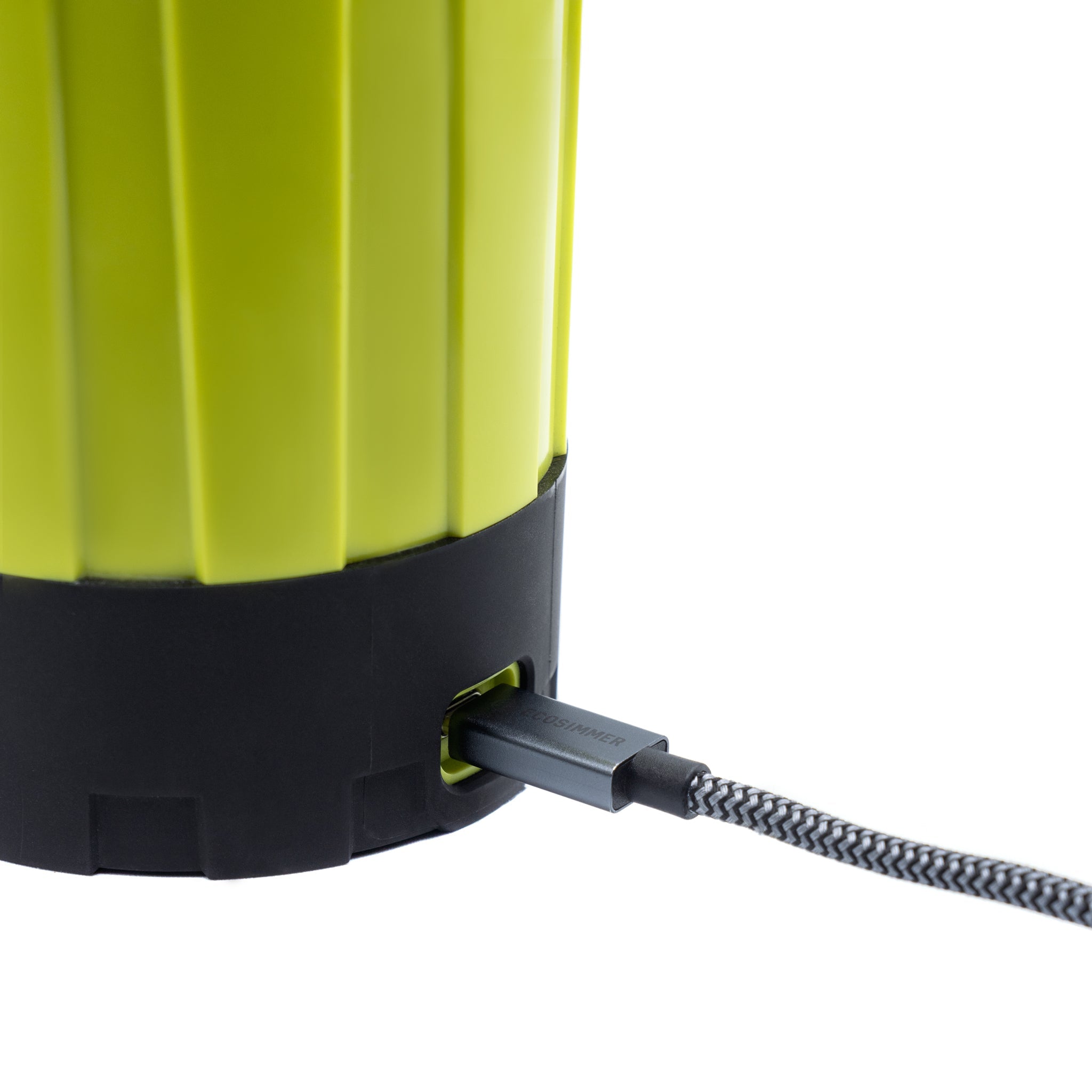 USB-C cable saying EcoSimmer plugged into electric backpacking stove