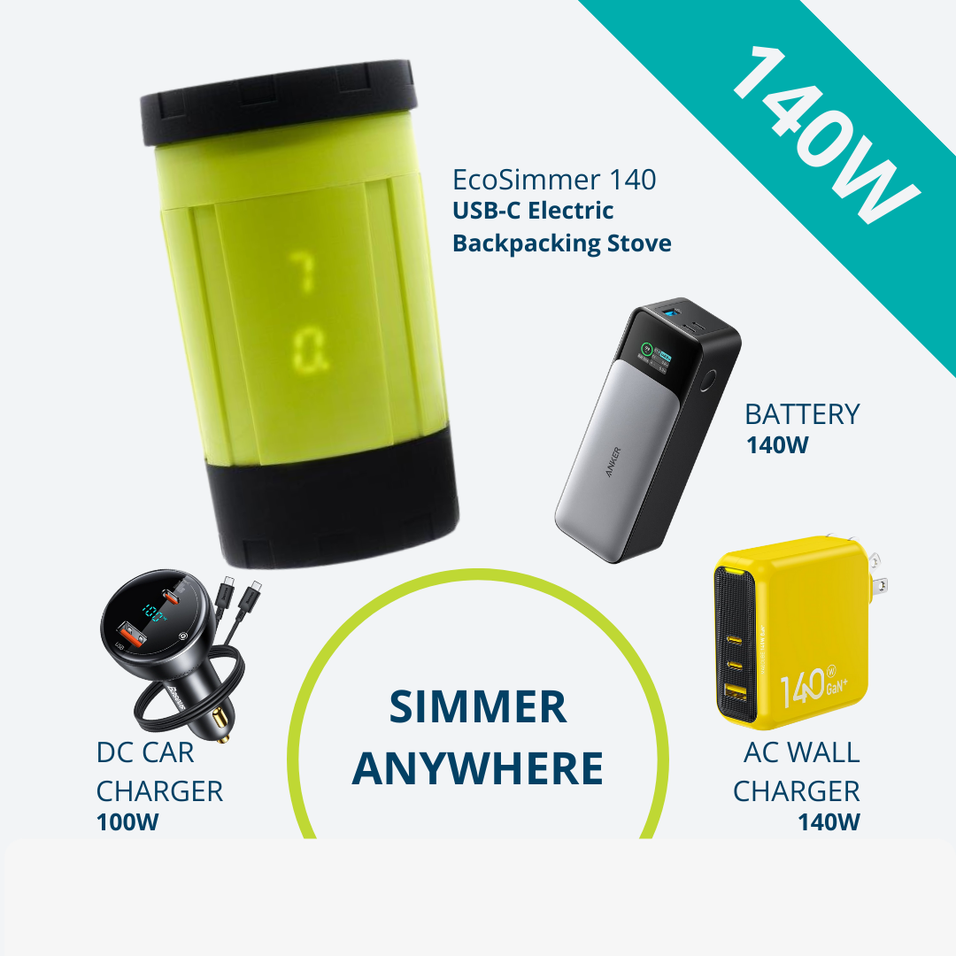EcoSimmer 140W Electric Backpacking Stove | Simmer Anywhere Bundle (Battery + AC + DC Adapters)