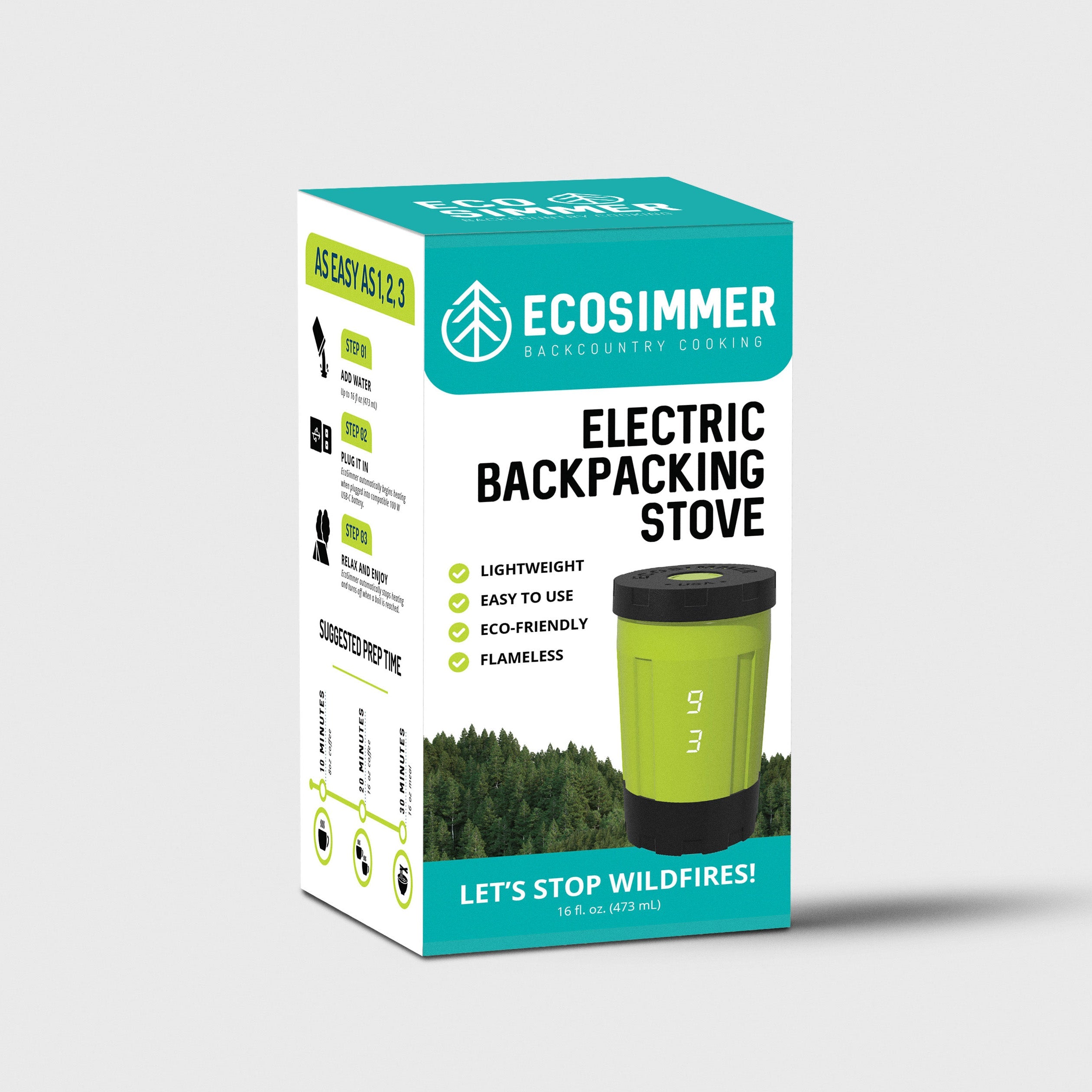EcoSimmer electric backpacking stove packaging displaying front and side displaying let's stop wildfires and as easy as 1, 2, 3